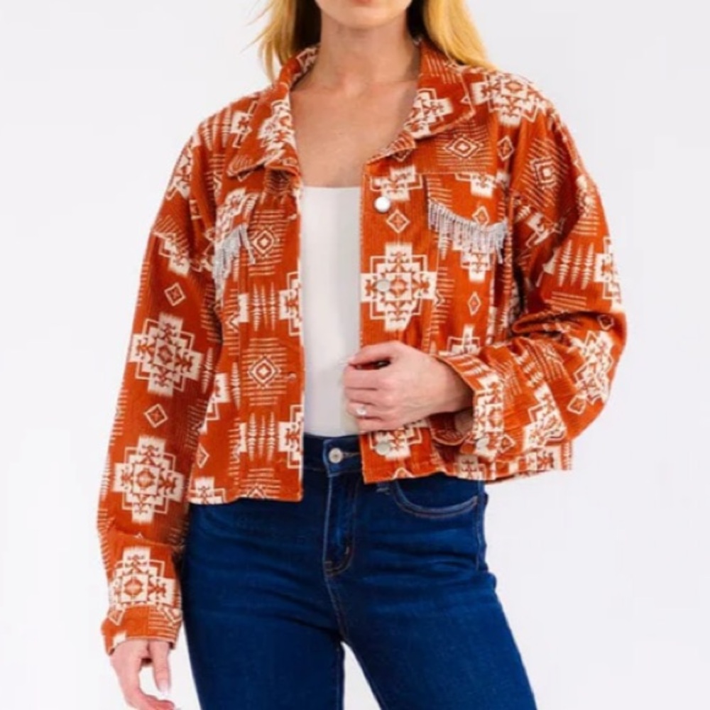 Savanna Jane Rust Aztec Stretchy Light Corduroy Sequin Fringe Jacket